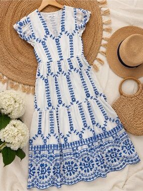 White Midi Dress with Blue Embroidered Pattern
